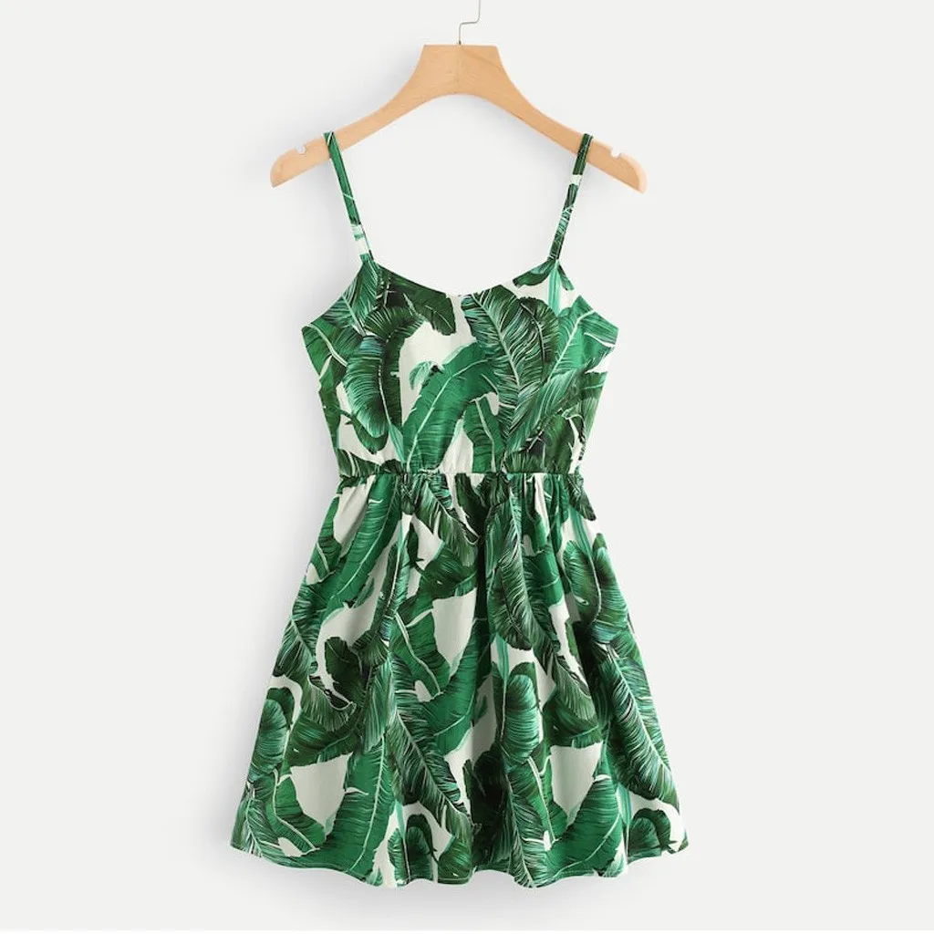

Fashion Women Dresses Floral Printed Cami Bandage Hollow Out Elastic Waist Dress Summer Casual Dress Sundress Vestidos Mujer