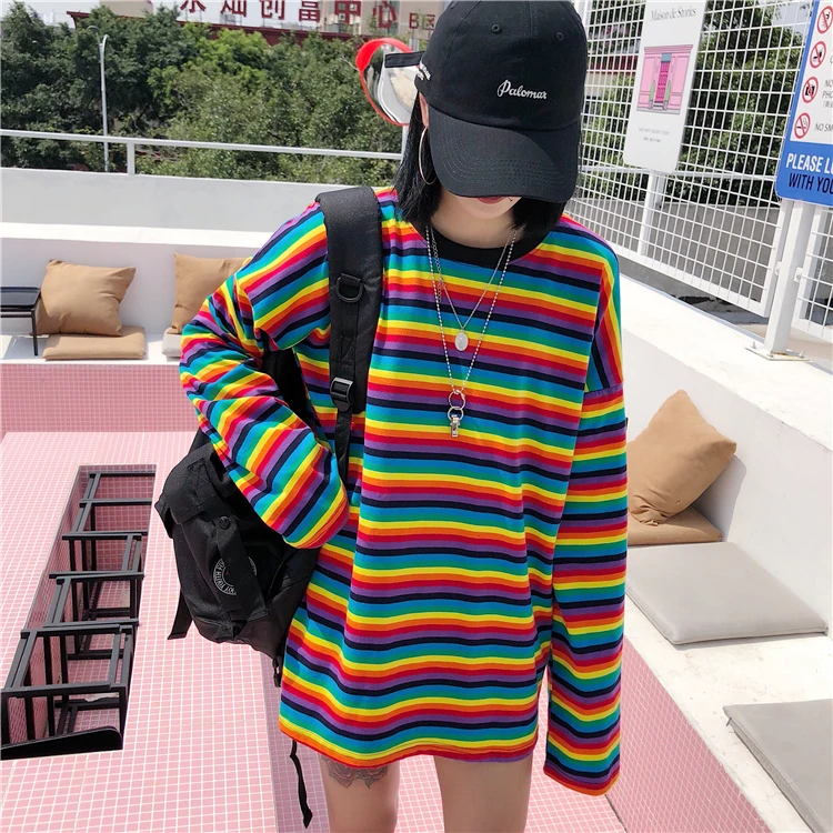 JOYINPARTY Радужная полосатая футболка Осенняя Harajuku женская рубашка с длинными рукавами негабаритных футболок женские корейские Топы женские