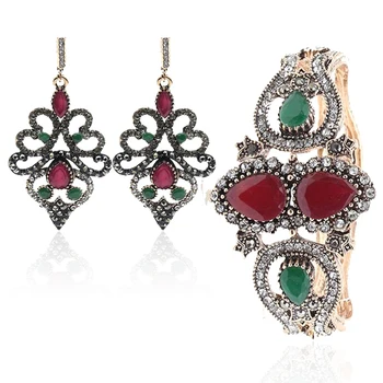 

Ethnic Bridal Jewelry Vintage Earring Bangle Antique Gold Resin Jewelry Sets Long Hook Dangle Earrings Water Drop Bracelet Cuff