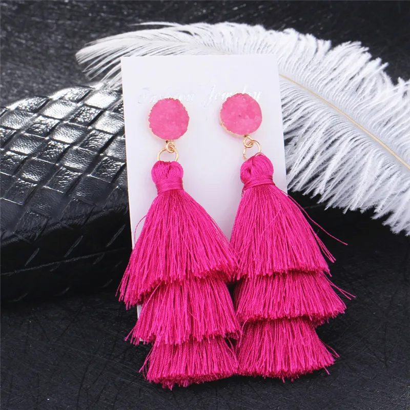 HTB1SnSpXyrxK1RkHFCcq6AQCVXaf - HOCOLE Boho Long Tassel Earrings Multi-layer Red Blue Yellow Silk Fabric Long Drop Earring For Women Wedding Statement Jewelry