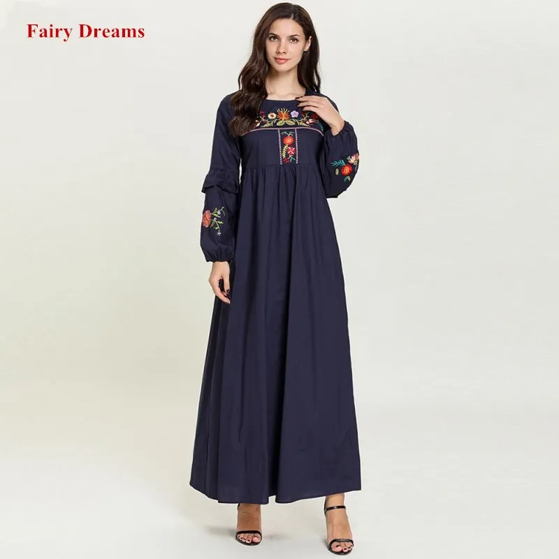 Длинное мусульманское платье женское abaya Femme Дубай Турецкая индейка Бангладеш нарядное платье в арабском стиле вышивка синий плюс размер Исламская одежда