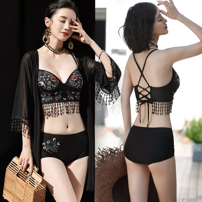 

2018 New Women Embroidered Fringed Swimsuit Bandage Bikini Three Piece Set Sexy Perspective Net Swimwear