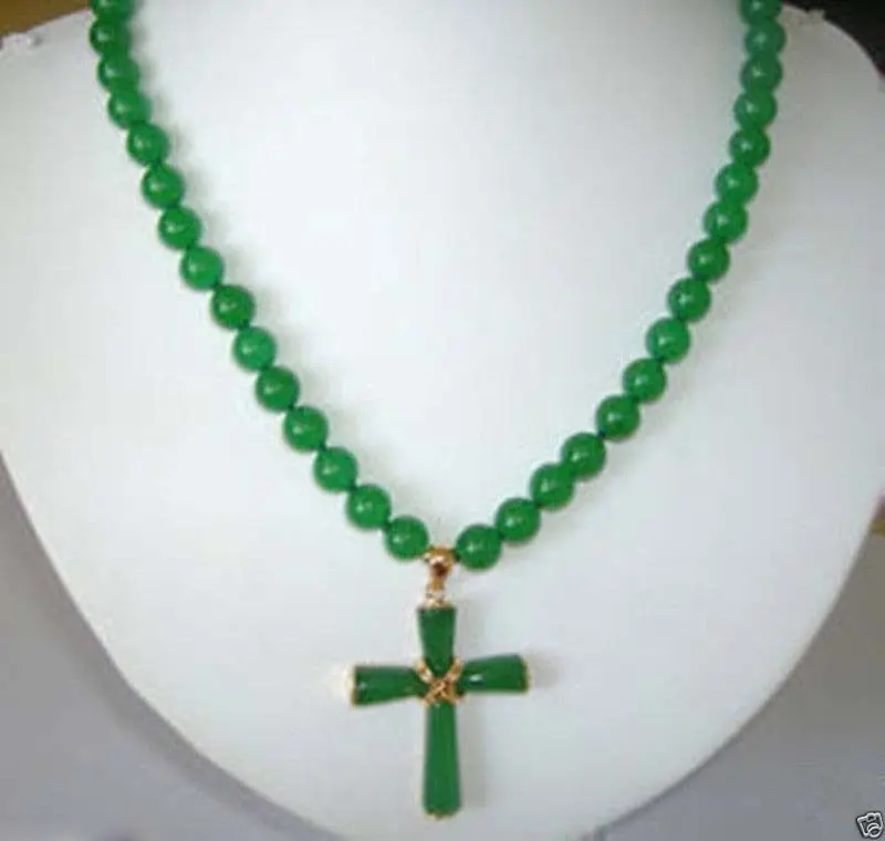 

Genuine top Beautiful Natural 8mm Beads Green Jade Cross Pendant Necklace 18" 56UY