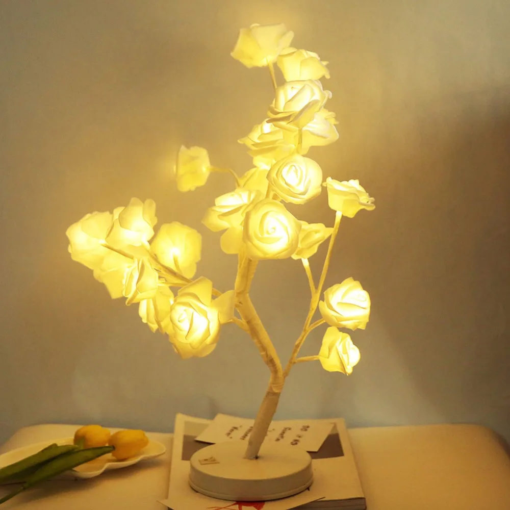

Creative Night Light Rose Potted Plant Decorative Bonsai Cotton Ball Desk Top Bonsai Tree Light With 24 LED Beads Night Light