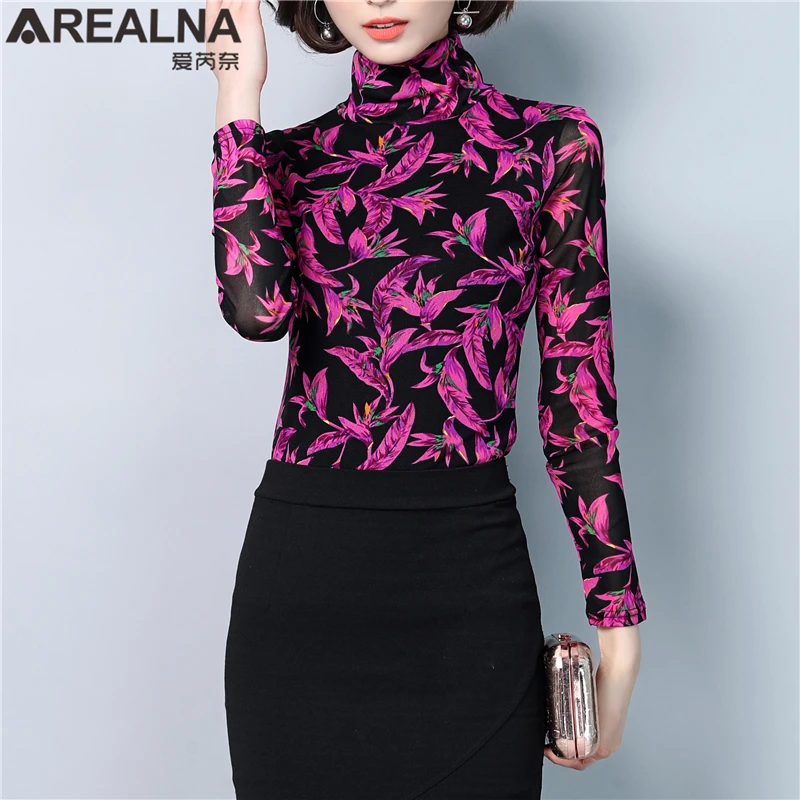 Модная женская одежда, осень, водолазка, эластичная, черная, сетчатая, длинный рукав, тонкая рубашка, женские топы, с цветочным принтом, женская блузка - Цвет: 606