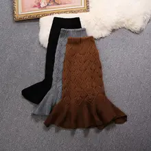 Женская юбка с рыбьим хвостом, Женская однотонная трикотажная юбка для девушек, студенток, универсальная повседневная юбка с оборками