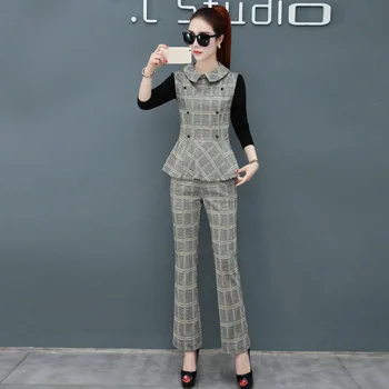 

Women Spring Autumn Two Piece Set Ladies Patchwork Tops And Wide Leg Pants Tracksuit Femme Elegant Plaid Plus Size 3XL Sets F105