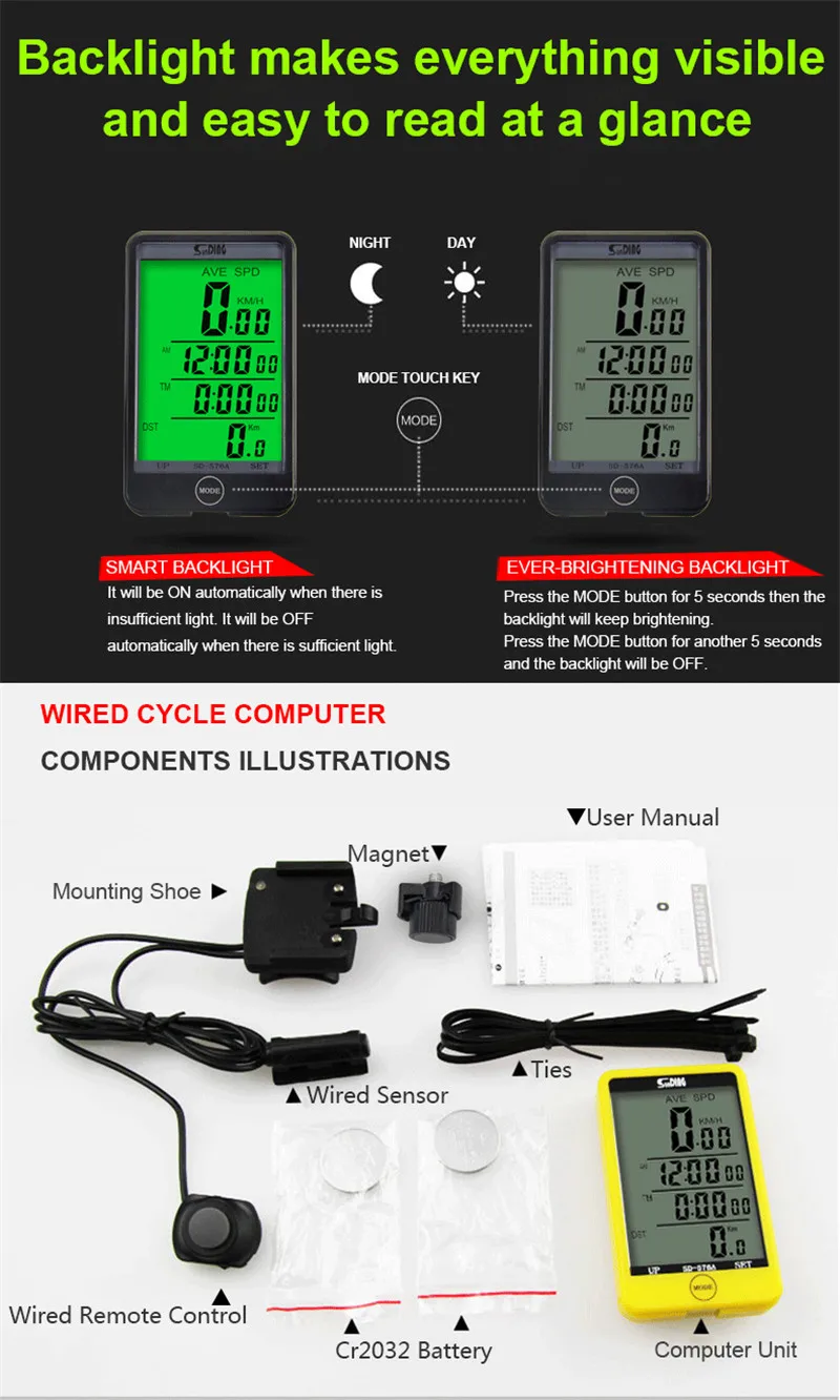 Велосипедный компьютер велосипедный Спидометр ЖК-Подсветка проводной водостойкий секундомер Авто велосипедный компьютер сенсорный свет большой экран SD576A