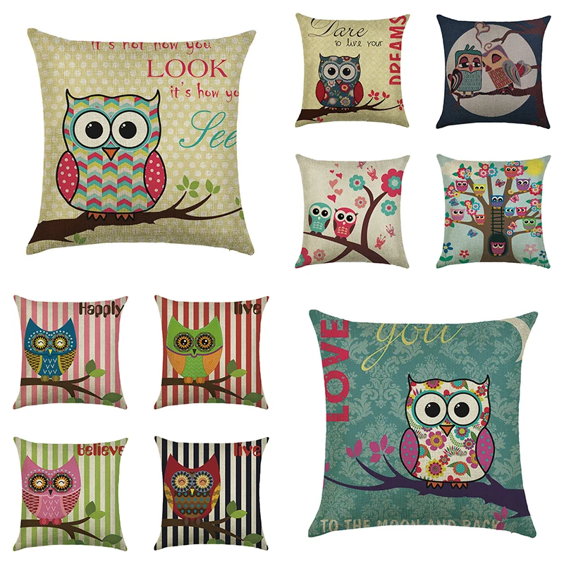 

Cartoon Linen Printed Couple Owl Cushion Cover 45*45cm Decorative Lovely Animals Throw Pillow Covers Home Decoration Accessories