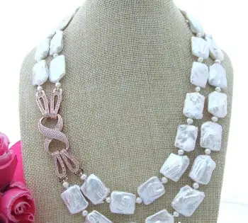

new beautiful 18" 2 Strands Natural White Rectangle Keshi Freshwater Pearl Necklace 24"earring set