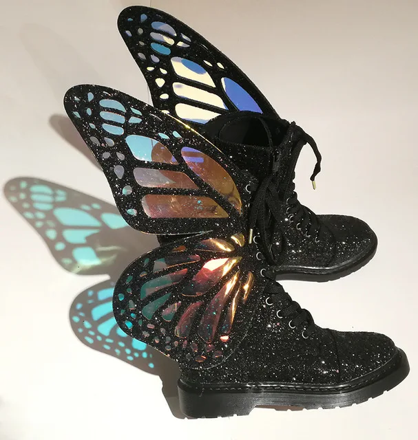 Prova Perfetto; коллекция года; женские кроссовки с крыльями бабочки; женская обувь на платформе со шнуровкой; блестящие высокие повседневные резиновые ботинки на плоской подошве; Botas Mujer - Цвет: Black
