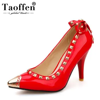 

TAOFFEN size 30-52 women thin high heel shoes sexy lady quality rivets pumps meatal head fashion heels footwear shoes P22566