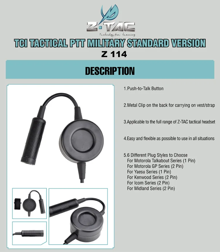 Z-Tac Военная Тактическая PTT Водонепроницаемая вилка для кабеля Push-to-Talk для BaoFeng UV-5R двухстороннее радио Midland PTT 6 штекеров Z114