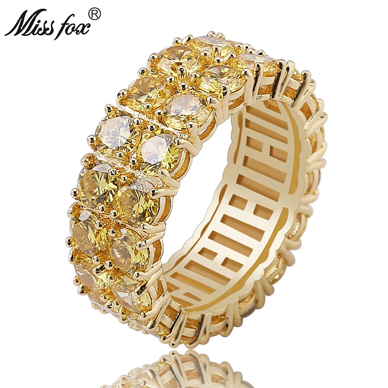

HOT!!! Hip Hop 2 Row AAA Yellow Cubic Zirconia Men Ring Trendy High Quality Prong Setting 18k Gold Ring Men Luxury Sieraden