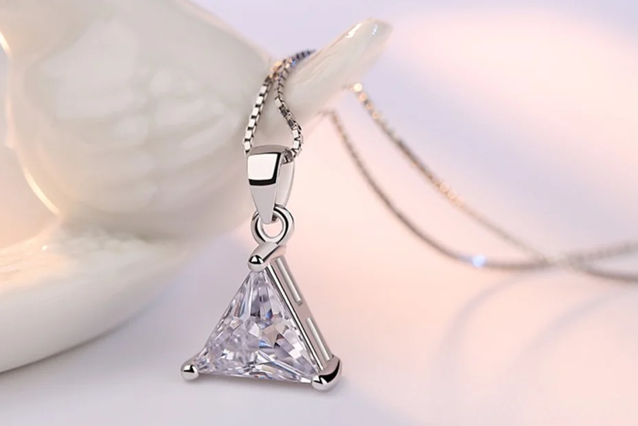 Anenjery 925 пробы серебряные ювелирные изделия AAA циркония треугольник кулон ожерелье для женщин подарок 45 см коробка цепь колье ожерелье S-N107