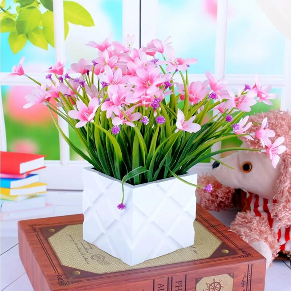 

2017 New 1pcs 7fork Artificial Plastic Flower Plants Floral Decor Fake Leaves Simulation Small Potted Plant Home wall Plant