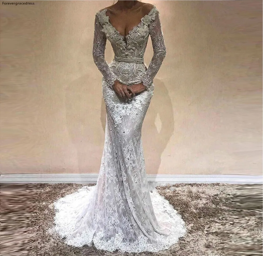 Glamorous Mermaid Long Sleeves Prom Dresses 2019 Full Lace V-Neck Crystal Evening Dress Rhinestones Plus Size Pageant Gowns BA9809  169 (2)