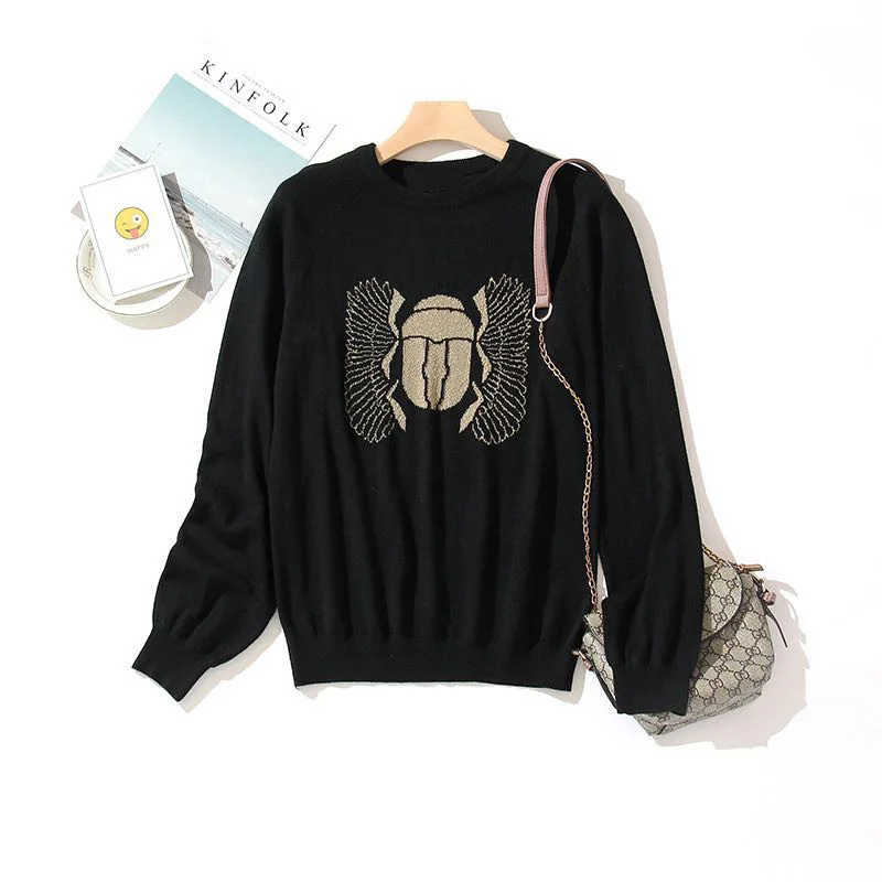 

New Autumn Women European American Design Streetwear Casual Animal Embrodiery Loose Black Sweater High Quality