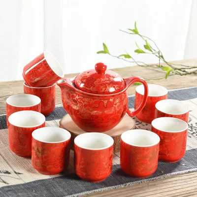 Керамический красный свадебный чайный сервиз, Китайский двойной чайный горшок с чашками, свадебный набор, подарок - Цвет: N