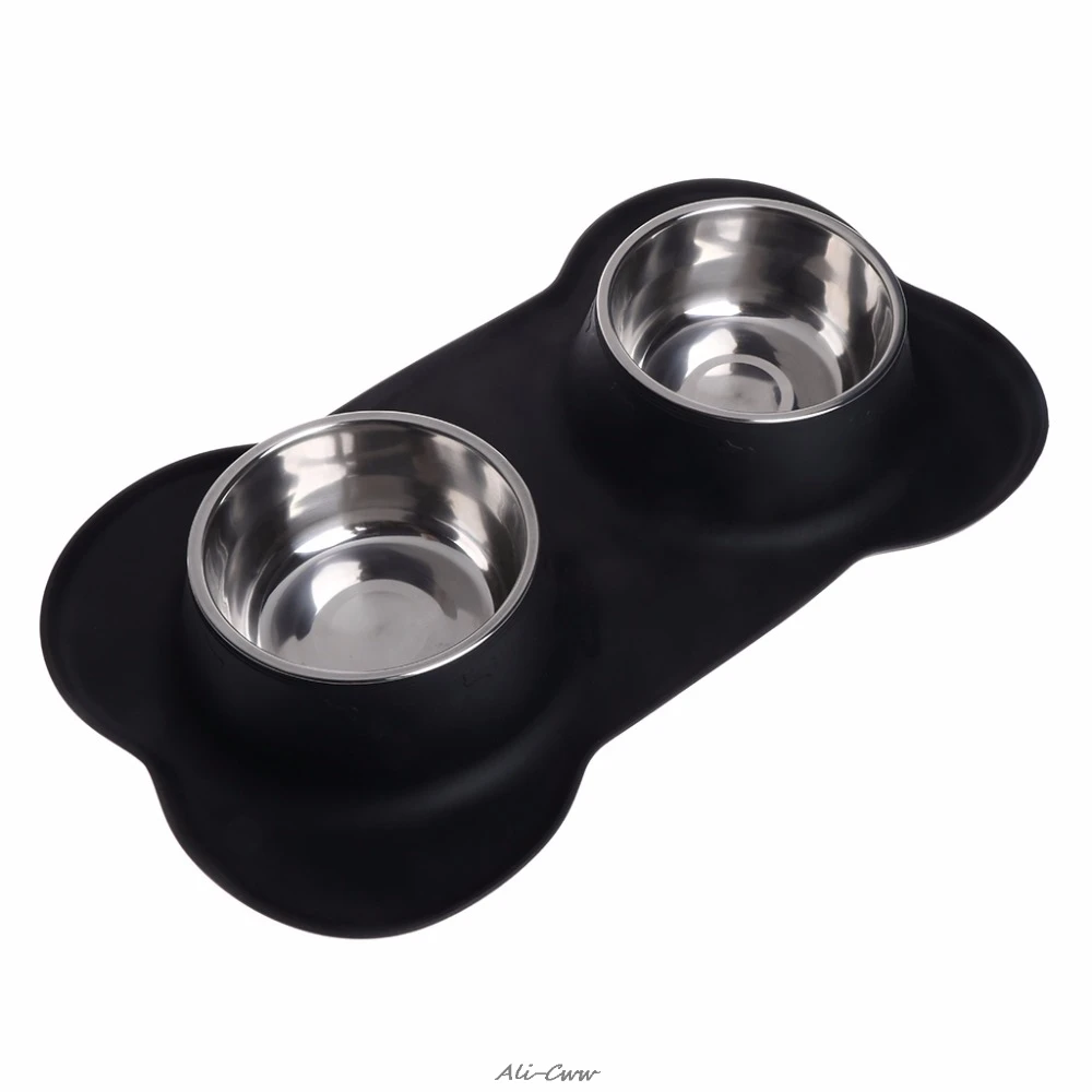 

Pet Dogs Double Bowl Silicone Mat Non Slip No Spill Food Feeder Stainless Steel Feeding Bowls Dogs Cats Supplies S/M/L