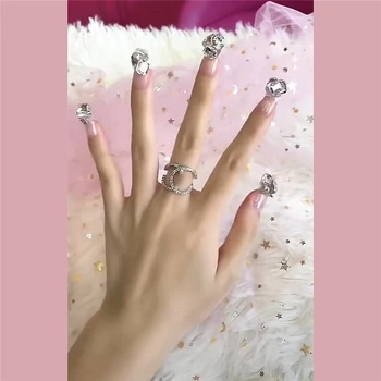 

New ins beautiful pure color with diferent shape diamond decoration false nails Bride 3d decorated fake nails full nail tips