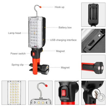 34 SMD Working Light 2 Mode Magnetic Flashlight Torch with Strong Hook Tent Camping Lamp Car Repair Work Light by 18650 Battery 2