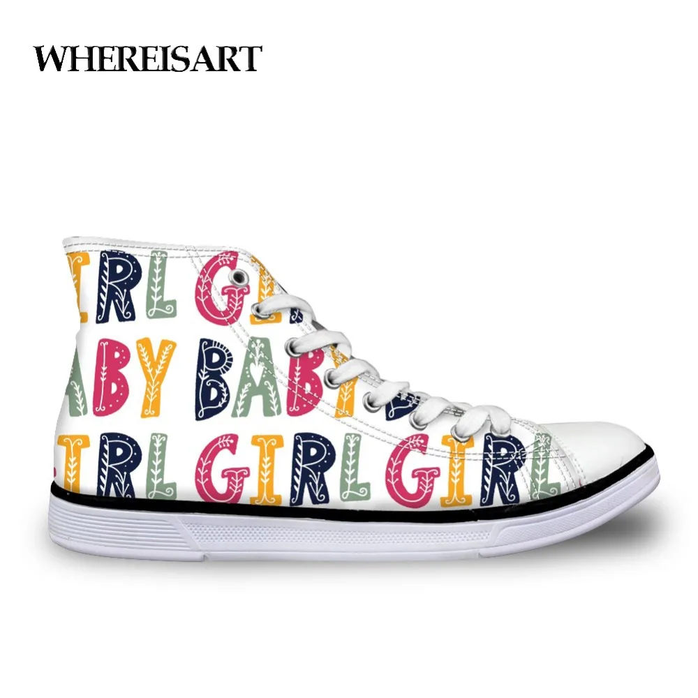 

WHEREISART Women Vulcanize Shoes Colorful Letter Printed Sneakers Female High Top Canvas Shoes for Girls Leisure Shoes Student