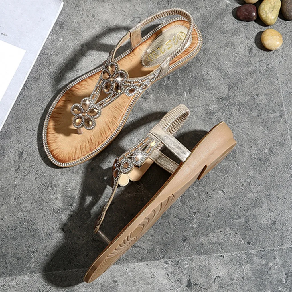 SAGACE/ г., женские босоножки Летняя женская обувь с украшением в виде цветка и кристаллов плоский сандалии пляж повседневная обувь Летняя женская обувь 9031129