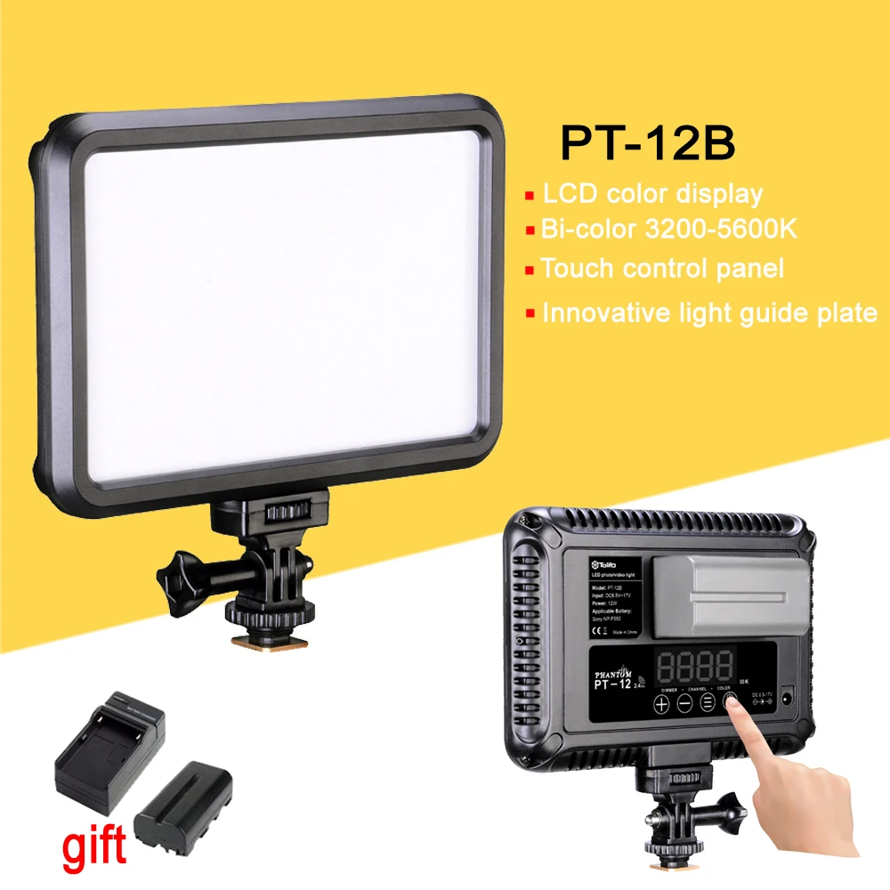 

Tolifo PT-12B LCD Display Bi-Color & Dimmable Slim DSLR Video LED Light +Battery +Charger for Canon Nikon Camera DV Camcorder