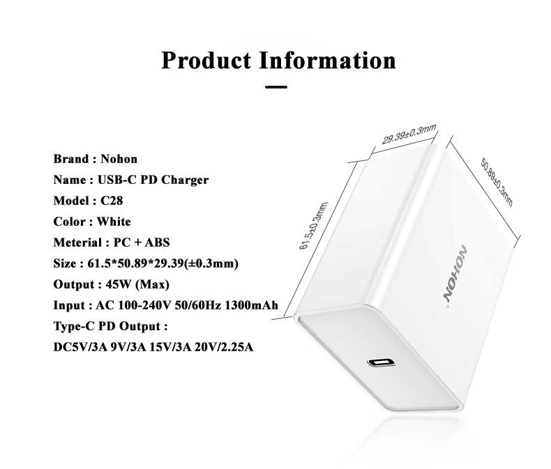 Nohon 45 W Тип usb C Зарядное устройство для iPhone X 8 плюс 8 MacBook быстро USB-C мобильного телефона PD Зарядное устройство Quick Charge для Galaxy S8 S9