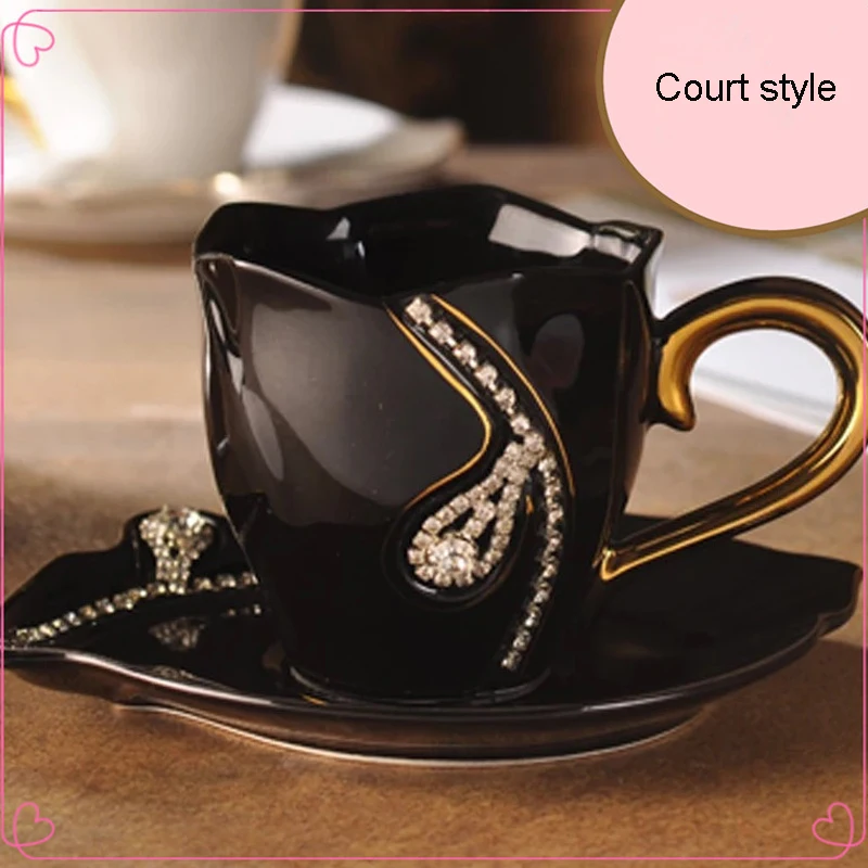

Nordic Luxury Diamond Ceramic Coffee Cup with Saucer crystals necklace Milk Cup spoon Tea Cup 200ml DrinkWare For Lovers Gift