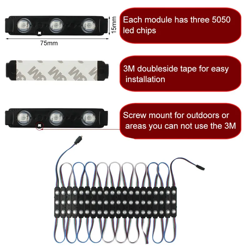 DC12V SMD 5050 IP65 Водонепроницаемый 20 шт./лот светодиодный модуль лампы RGB 3 светодиода
