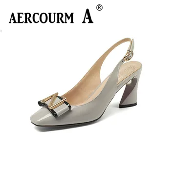 

Aercourm A Women Genuine Leather Sandals high Heel Leather Summer Shoes Lady Solid Summer Shoes 2018 New Black Pearl Sandals