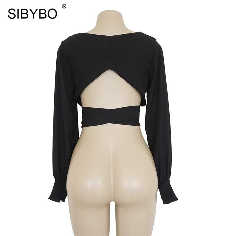Sibybo, открытая спина, рукав-фонарик, короткая футболка для женщин, квадратный воротник, длинный рукав, летний укороченный Топ для женщин, галстук-бабочка, сексуальная женская футболка