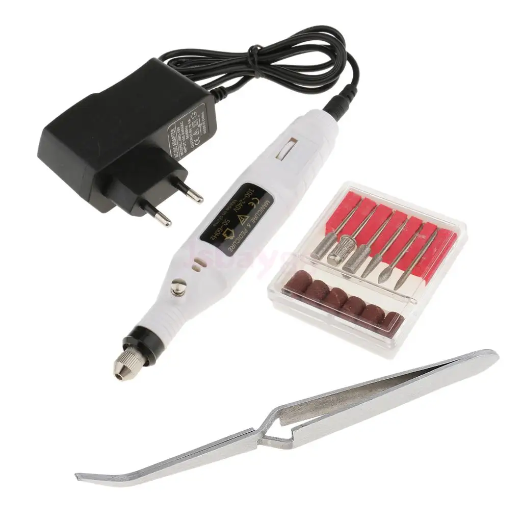 

Portable Travel Electric File Nail Drill Nail Art Machine EU Plug with Angle Tipped C Curve Nail Pincher Tweezer