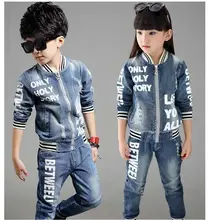2016 NEW STYLE kids jeans for girls boys sets teenage baby jacket children coat +long pant 2 pcs
