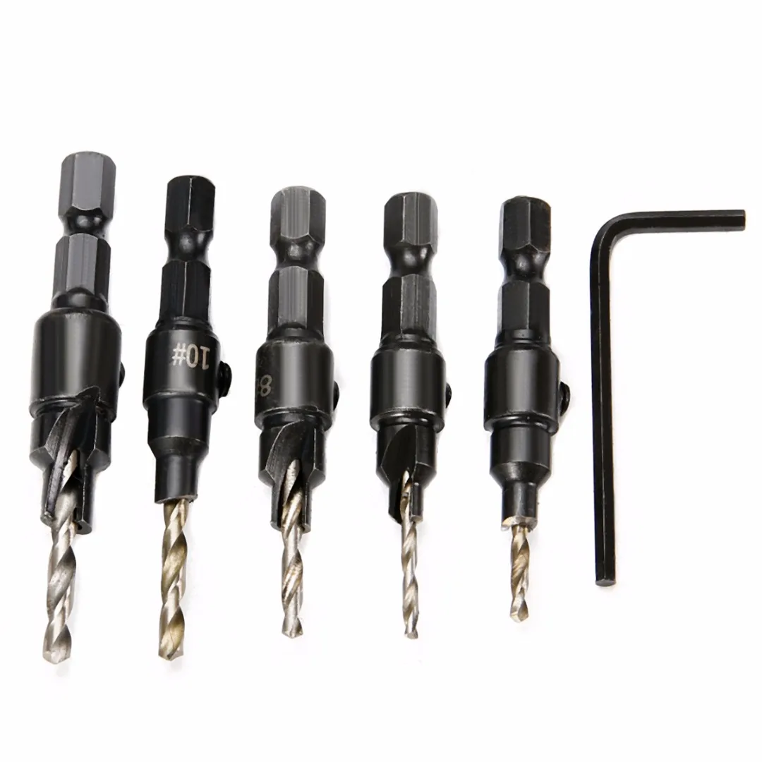 5pcs 5 6 8 10 12 Countersink Drill Bits 1/4 Hex Quick Change Shank Wood Drilling Tool Set + Hex Shank