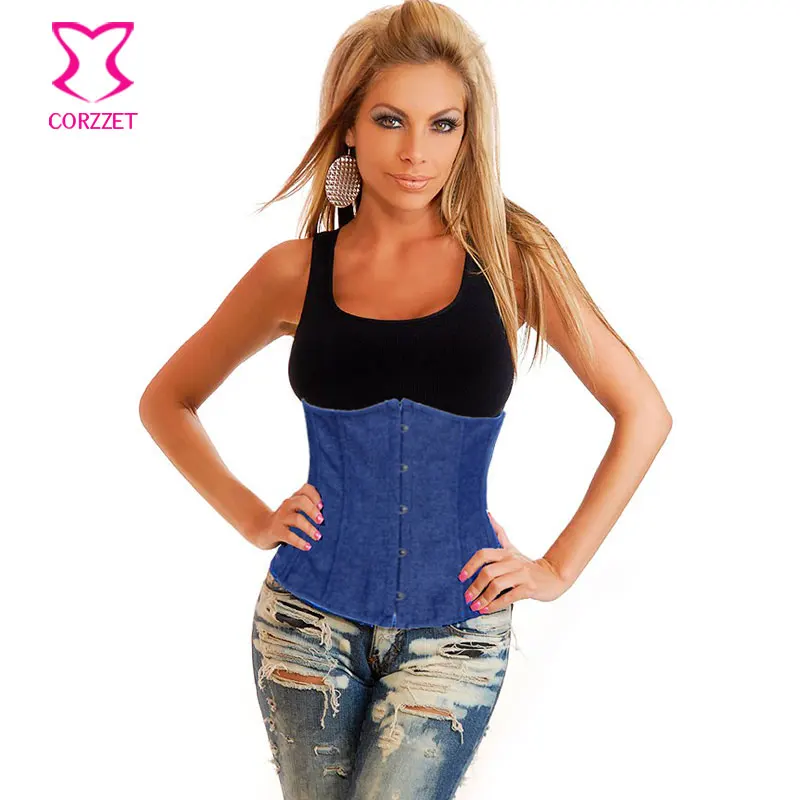 Corzzet Blue Denim Uderbust Corsets And Bustiers Waist Slimming Cincher Hot font b Shaper b font