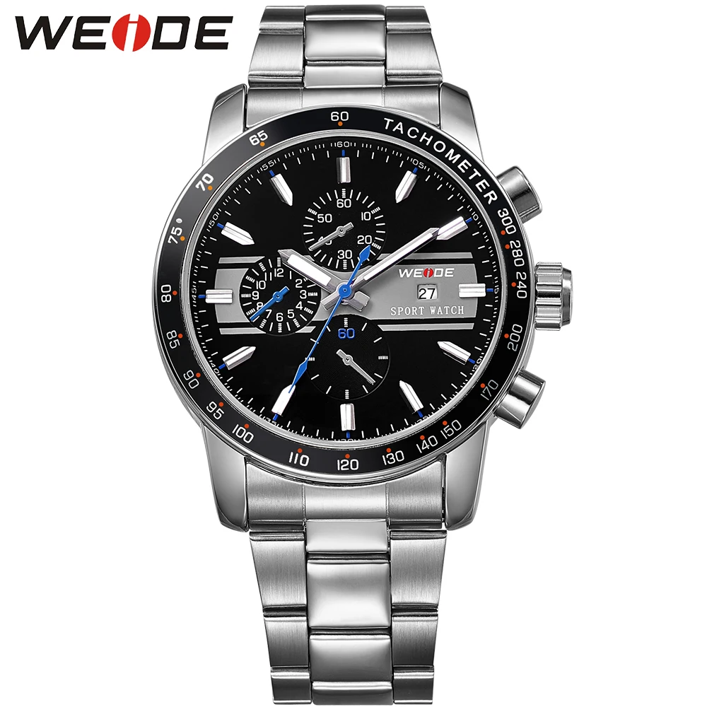 

WEIDE Men's Sports Quartz Watch Blue Color Analog Complete Calendar Stainless Steel Watchband Waterproof Military Men Wristwatch