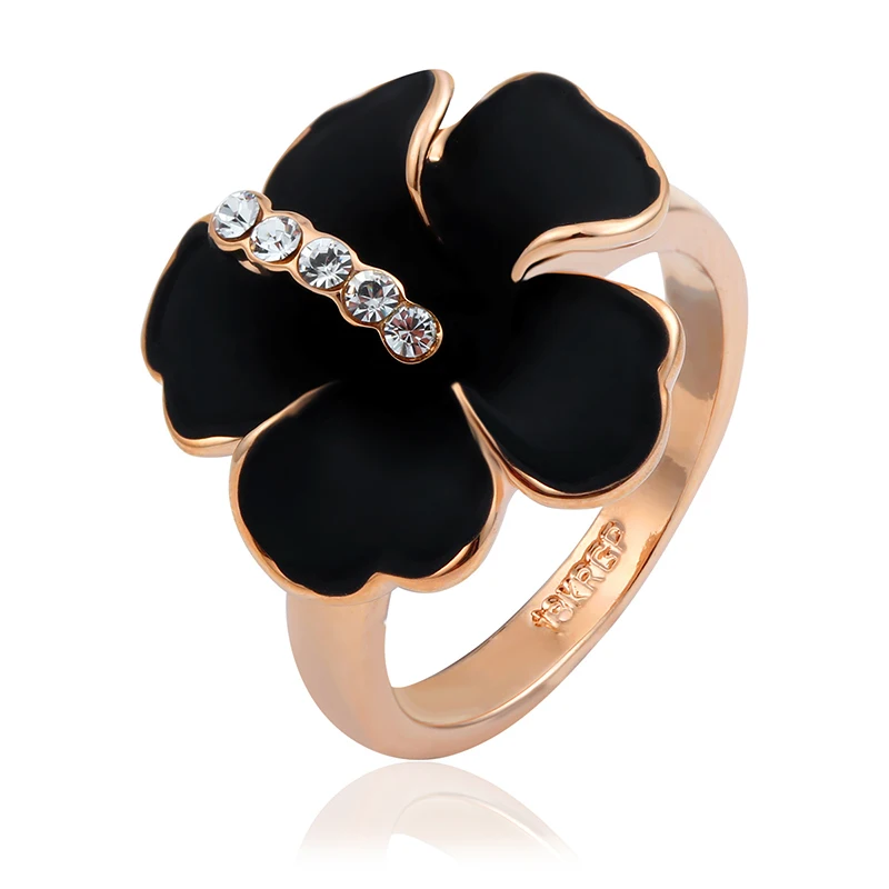 

Rose Gold Color Black Flower Crystals Statement Cocktail Rings For Women Girls Anillos Bague Anel Feminino Aneis Finger Jewelry