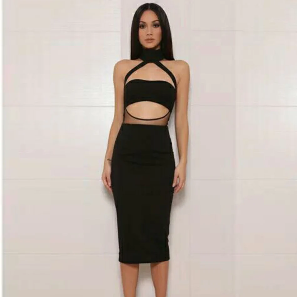 

2018 Summer Bandage Dress New Fashion Evening Party O Neck Knee-length Hollow Out Sexy Club Mesh Women Dresses Elegant Clothes