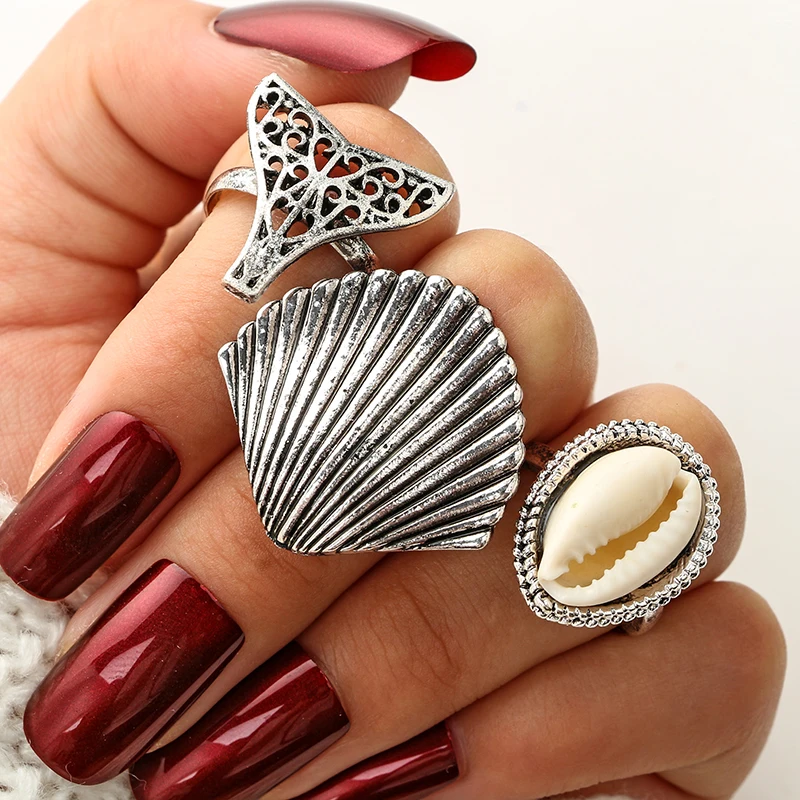 

Tocona Sliver Mermaid Tail Shell Rings Set for Women Hollow Out Midi Finger Ring Hollow Ring Party Jewelry Brincos 3pcs/set 4549