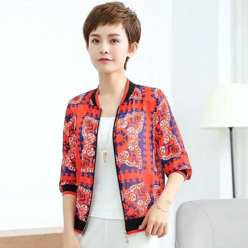 

summer baseball fashion jacket women chiffon red jacket polka dot jacket plus size 4XL casual ladies transparent jacket