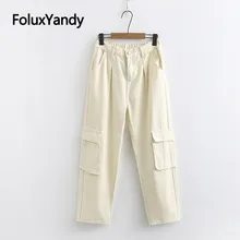 New Safari Style Cargo Pants Women Plus Size Trousers Pockets Loose Straight Pants Black Beige KKFY3540 splicing pockets straight leg zipper fly cargo pants