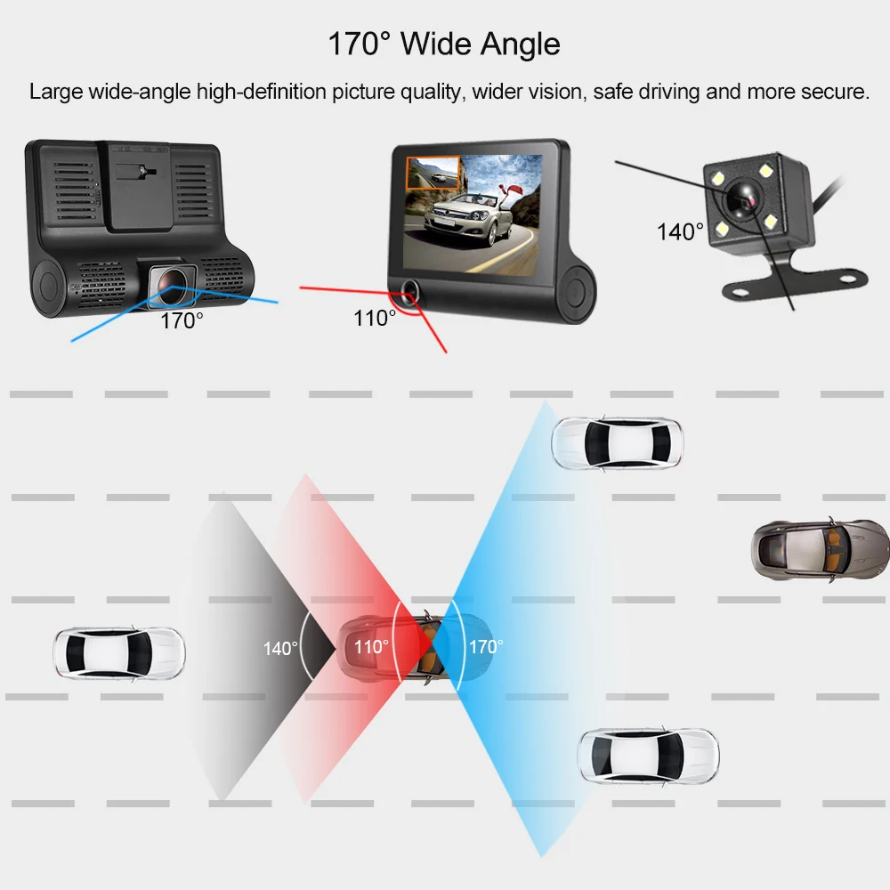 KKMOON 4 "1080 P три объектива Автомобильный dvr Dash Cam камера видеокамера ночного видения/g-сенсор/Обнаружение движения/петля записи