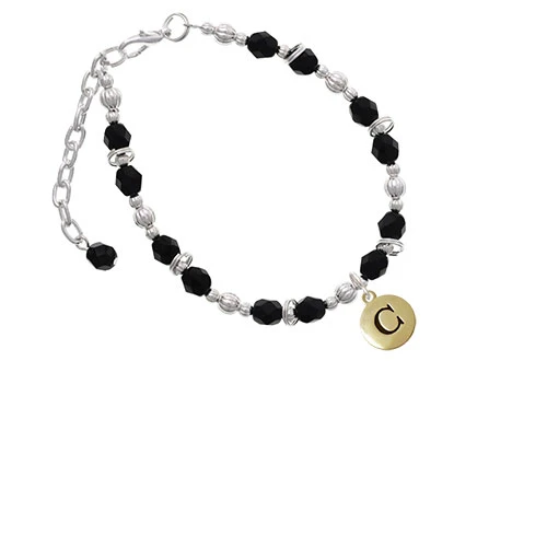 Goldtone Capital Letter - C - Pebble Disc - Black Beaded Bracelet