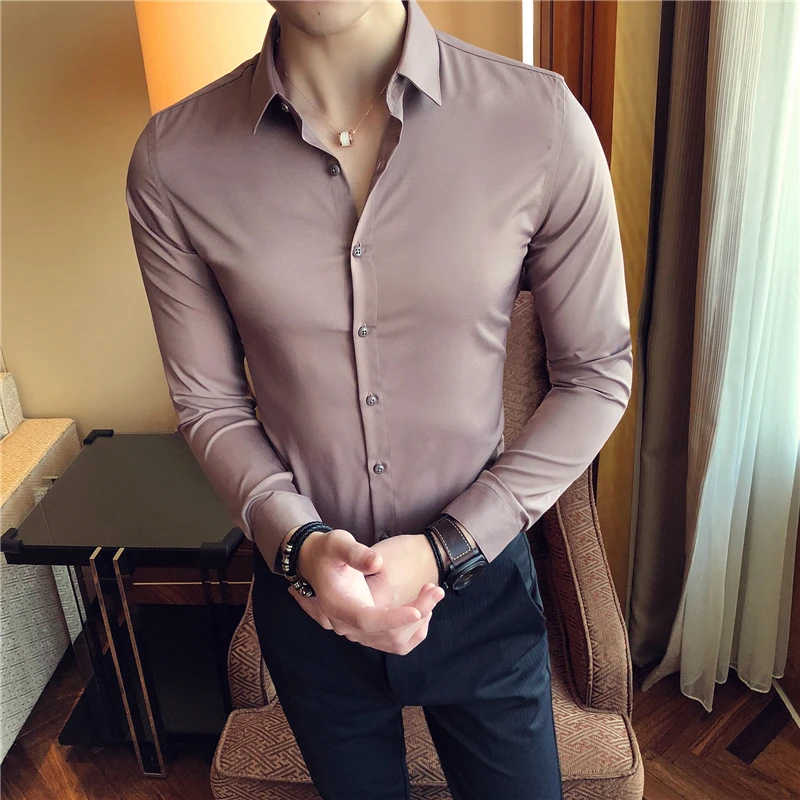 2018 spring new Korean version of the solid color fashion Slim free commerce long-sleeved shirt male British leisure shirt male