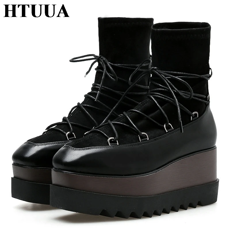 

HTUUA New Autumn Winter Wedge Ankle Boots for Women Thick Heel Platform Shoes Black Cross Strap Stretch Suede Socks Boots SX1819