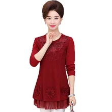 Женская одежда среднего возраста, Осенние футболки, весенние рубашки с длинными рукавами для мамы, длинные кружевные топы, XL-5XL