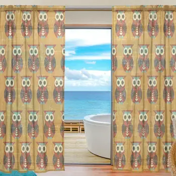 

Sheer Door Curtain Panels W55 Inch x L78 Inch/W55xL84 Inch,Cartoon Owls Yellow,Window Curtains Voile Sheers 2 Panels Set